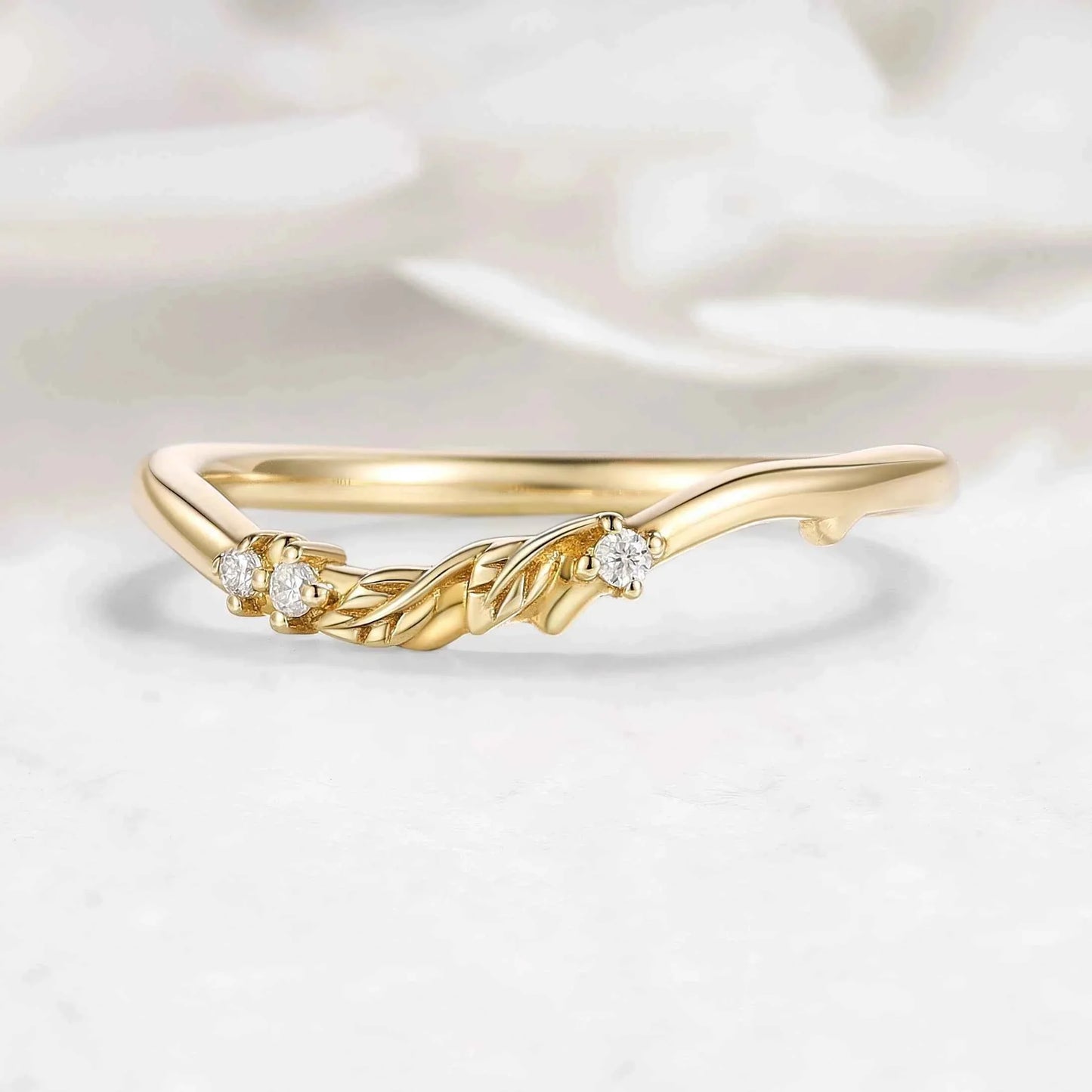 Nature-Inspired Leaf Moissanite Chevron Wedding Band