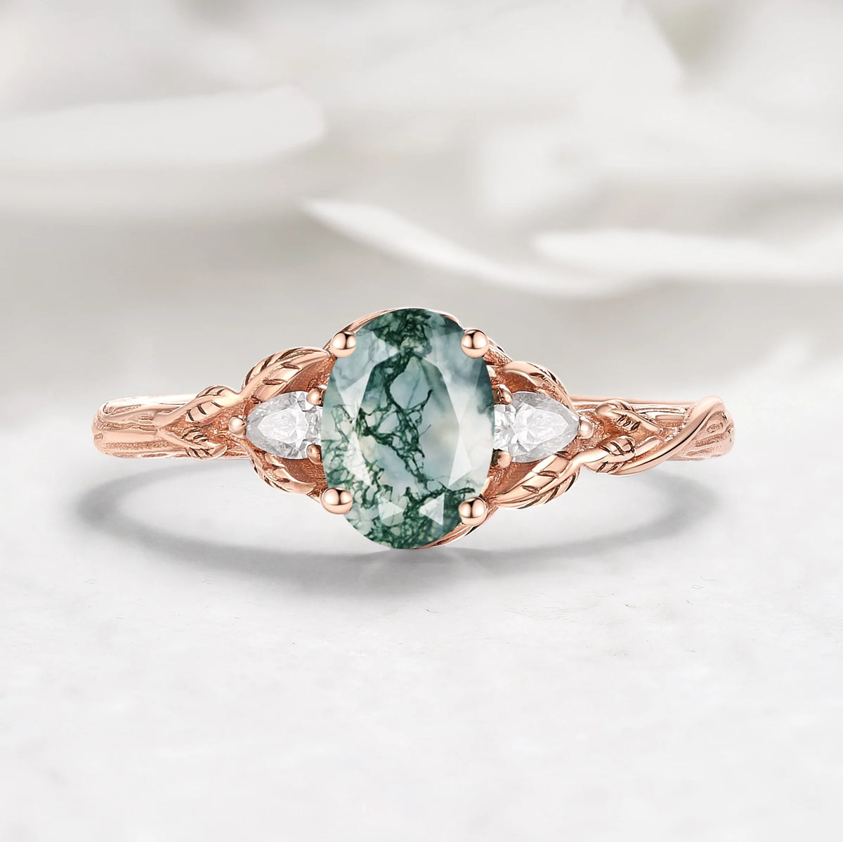 Leaf-Inspired Oval Cut Moss Agate Three-Stone Engagement Ring