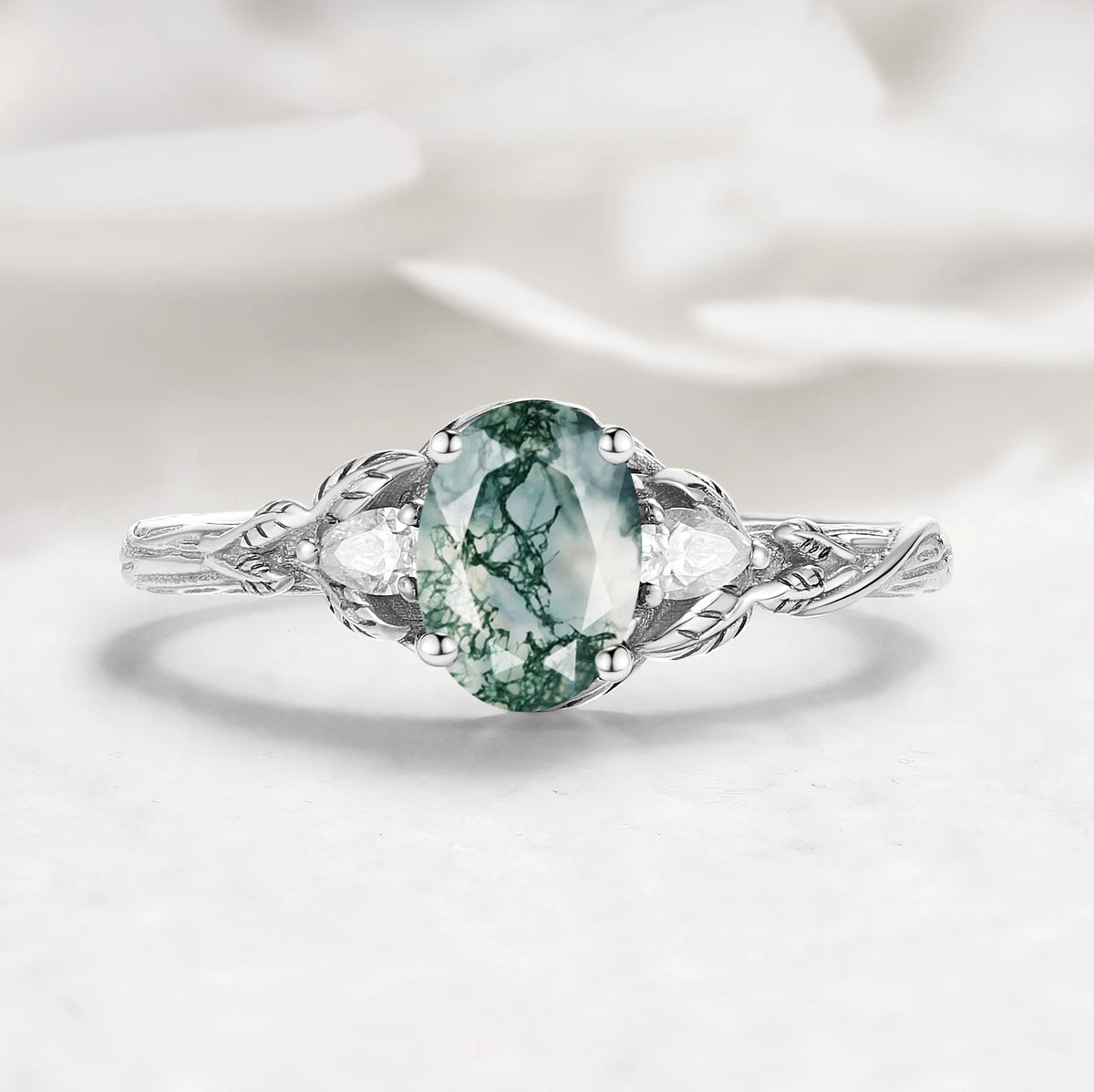 Leaf-Inspired Oval Cut Moss Agate Three-Stone Engagement Ring