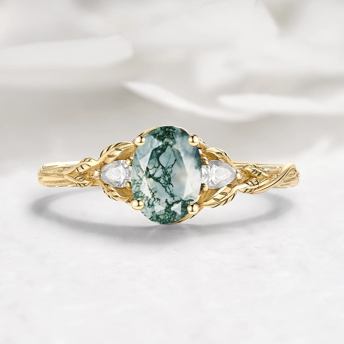 Leaf-Inspired Oval Cut Moss Agate Three-Stone Engagement Ring