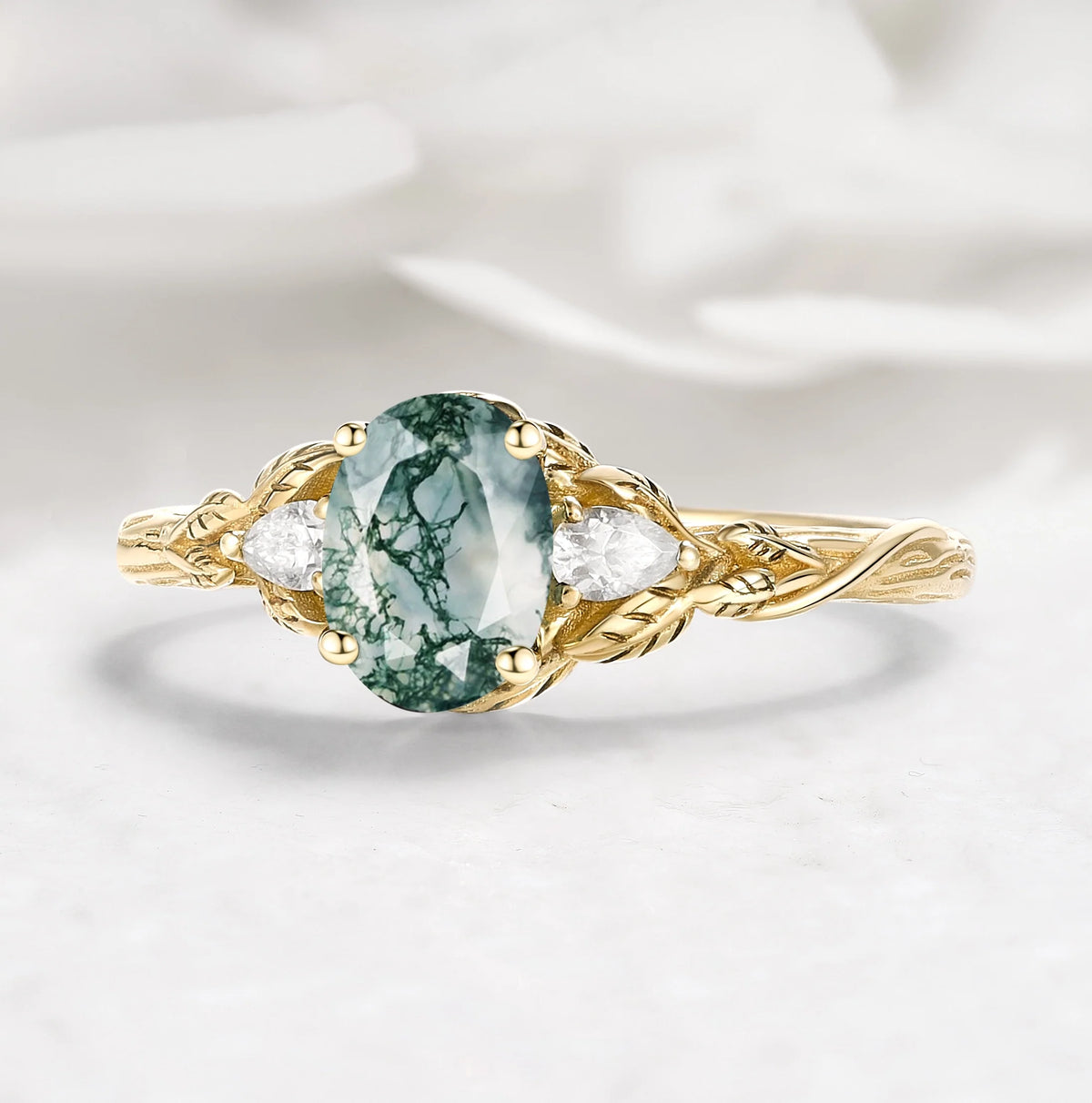 Leaf-Inspired Oval Cut Moss Agate Three-Stone Engagement Ring