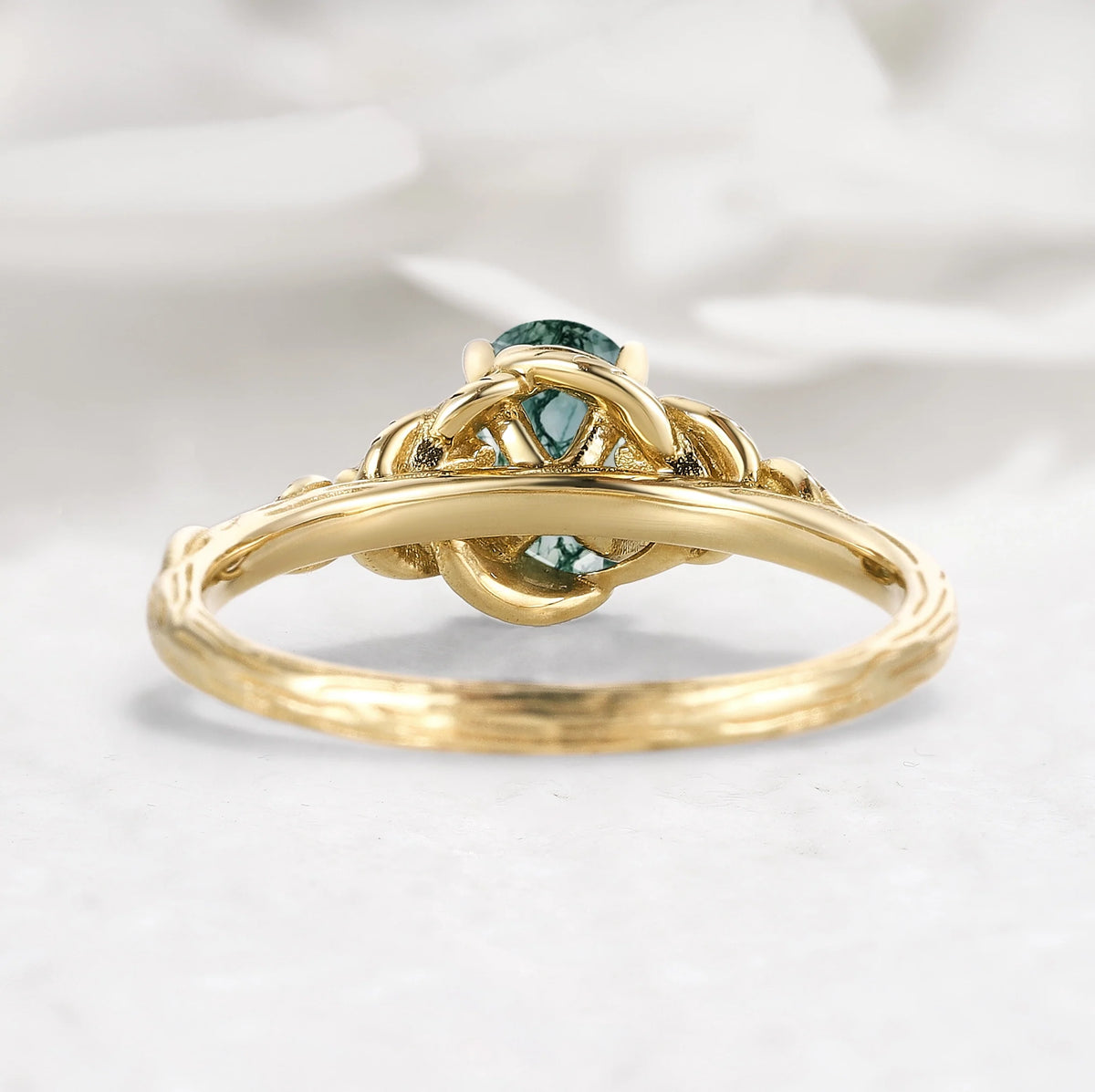 Leaf-Inspired Oval Cut Moss Agate Three-Stone Engagement Ring