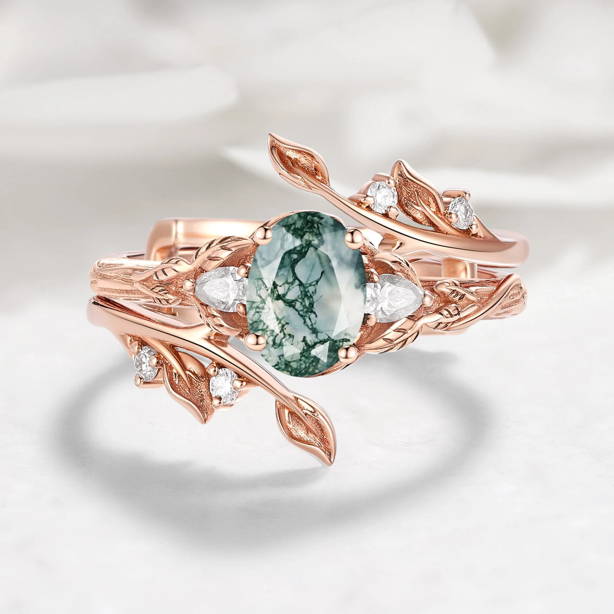 Leaf-Inspired Oval Cut Moss Agate Engagement Ring With Enhancer Ring Bridal Set