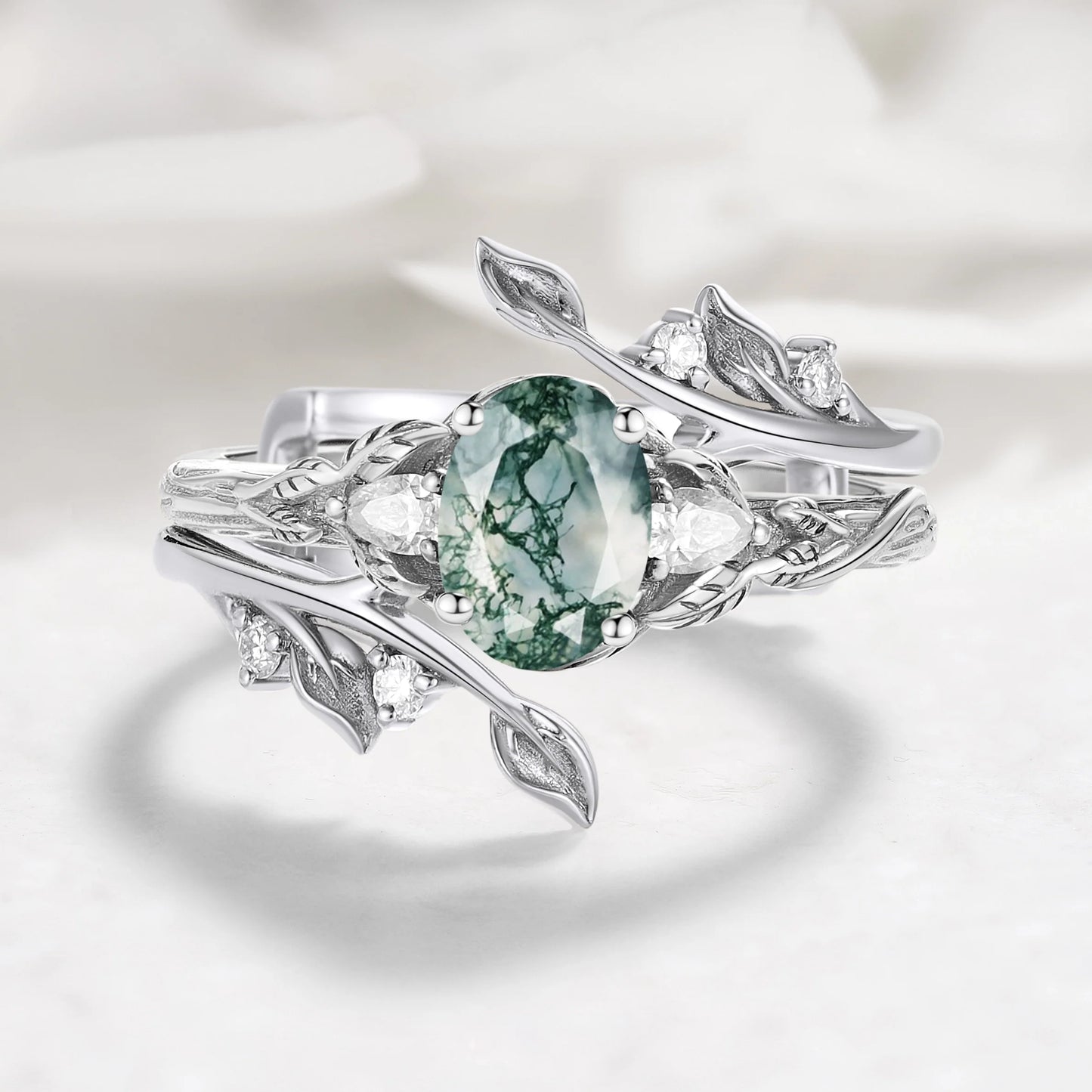 Leaf-Inspired Oval Cut Moss Agate Engagement Ring With Enhancer Ring Bridal Set