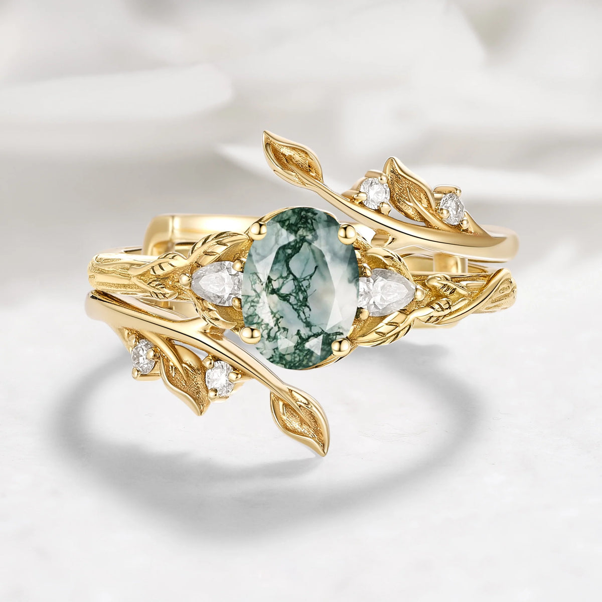 Leaf-Inspired Oval Cut Moss Agate Engagement Ring With Enhancer Ring Bridal Set
