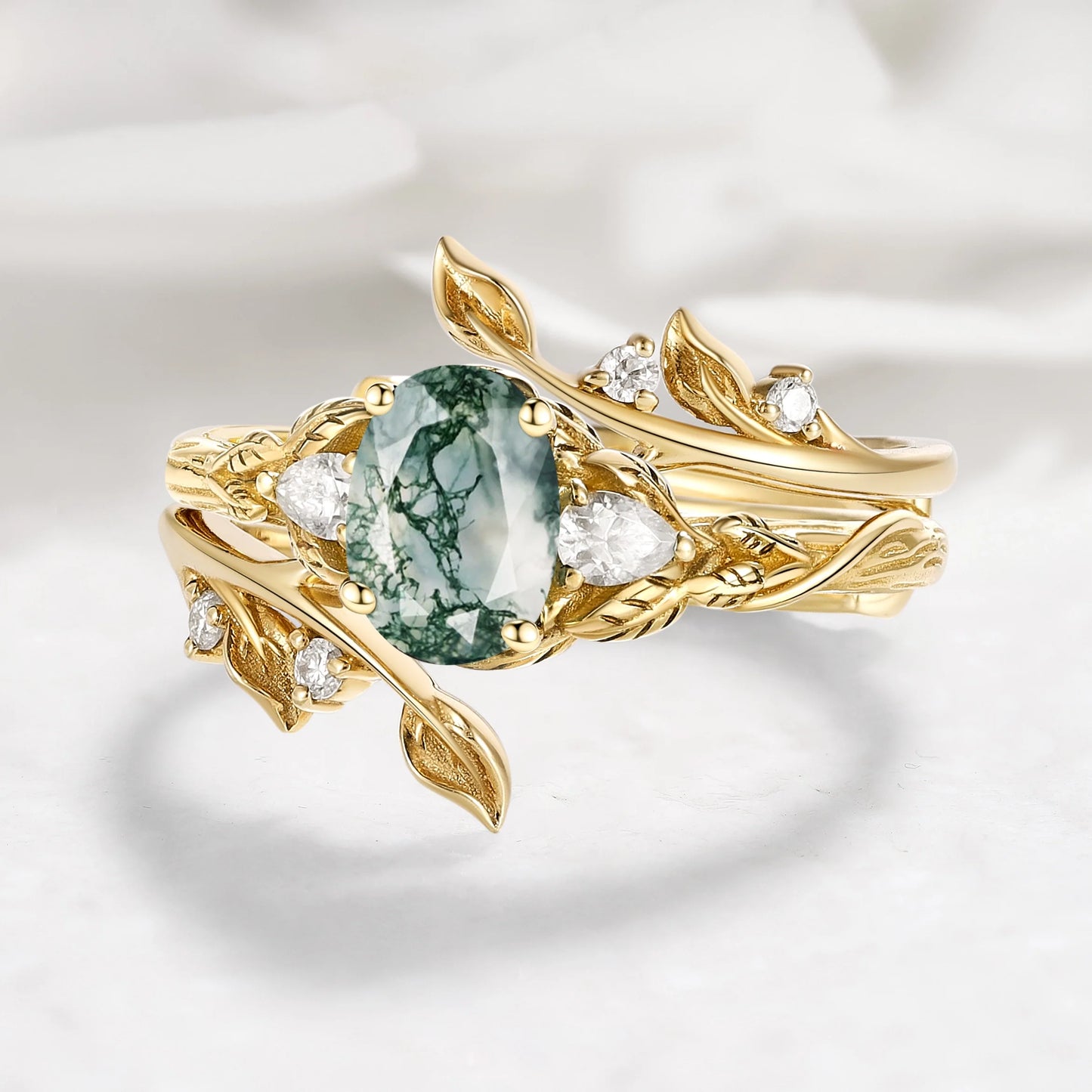 Leaf-Inspired Oval Cut Moss Agate Engagement Ring With Enhancer Ring Bridal Set