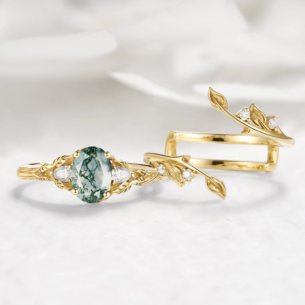 Leaf-Inspired Oval Cut Moss Agate Engagement Ring With Enhancer Ring Bridal Set