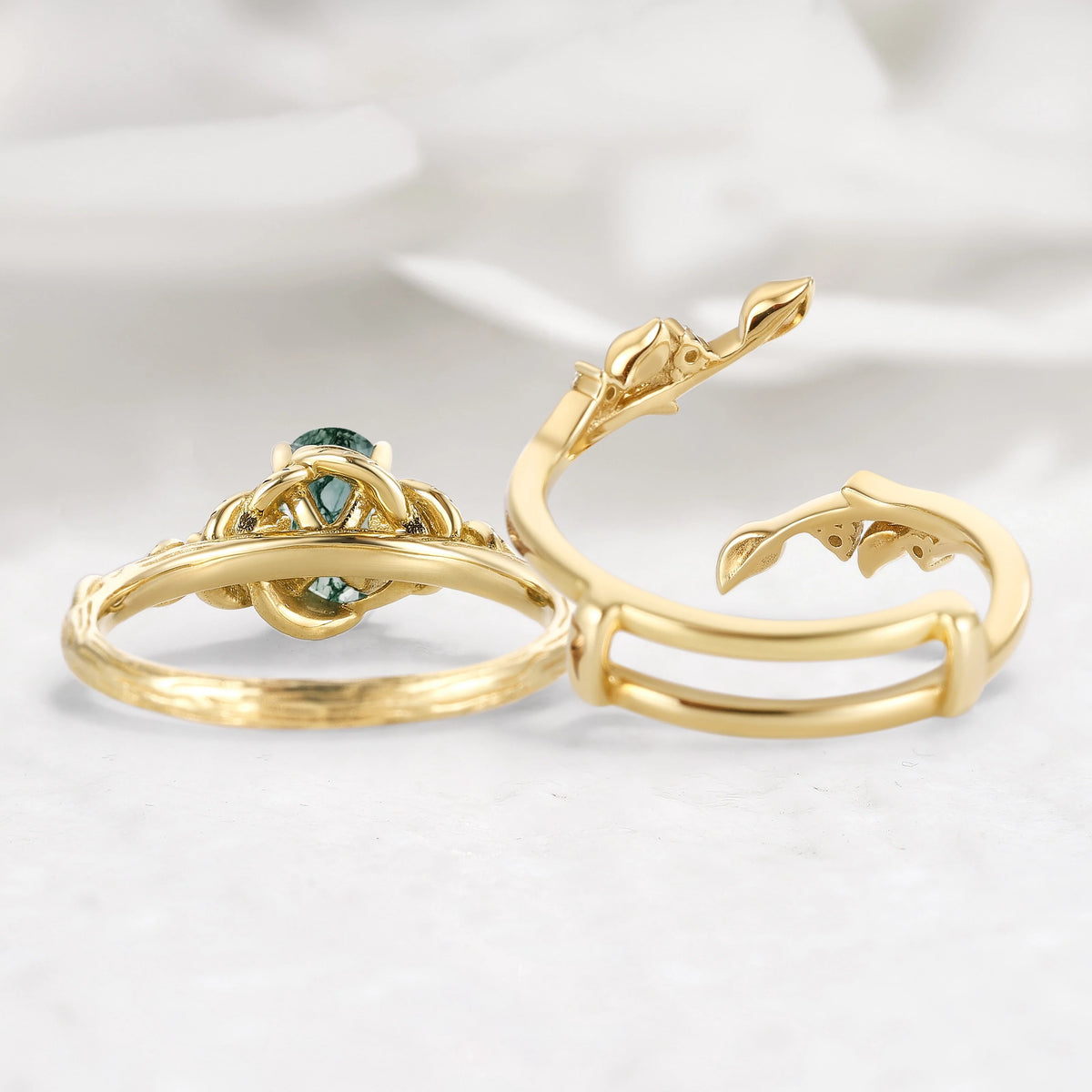 Leaf-Inspired Oval Cut Moss Agate Engagement Ring With Enhancer Ring Bridal Set