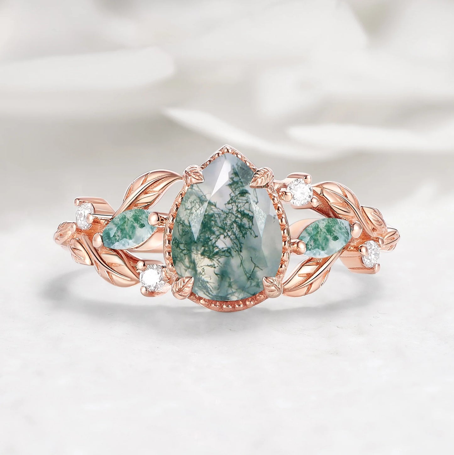 Leaf-Inspired Pear Cut Moss Agate Engagement Ring in Vintage Bezel Setting