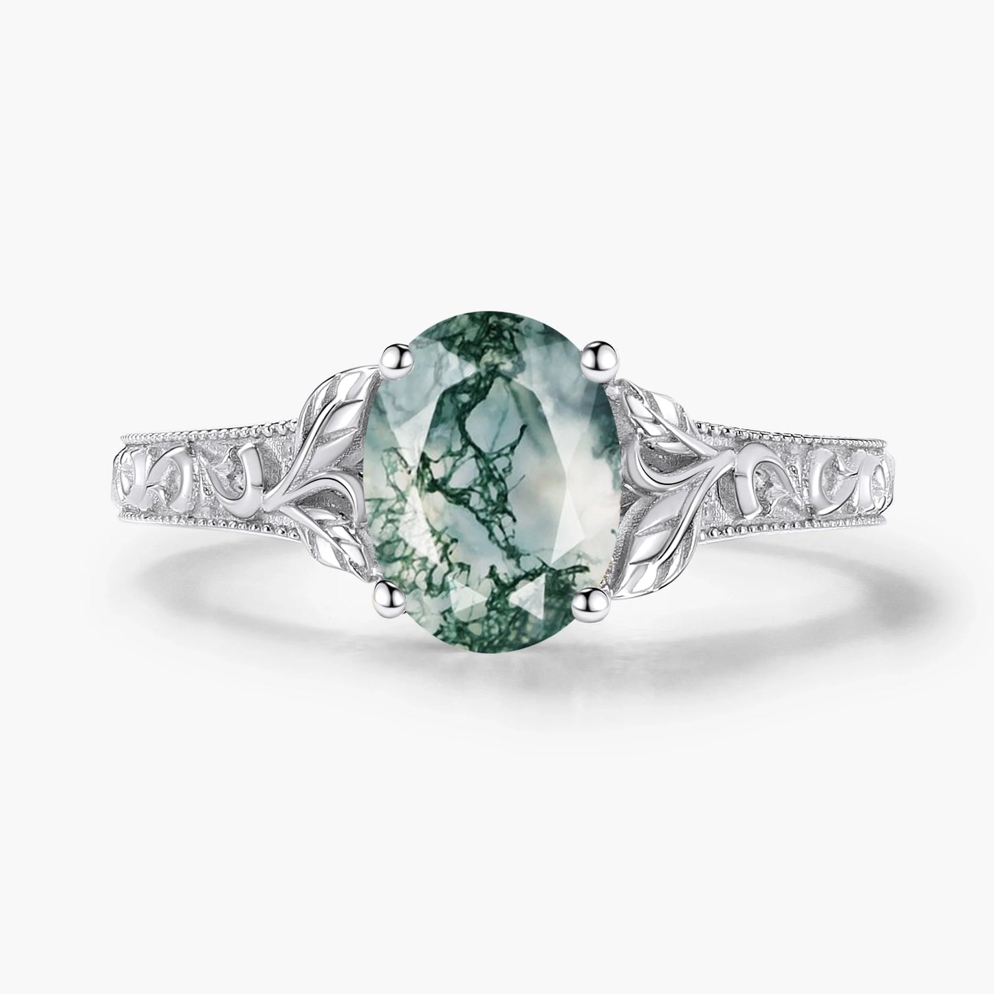 Oval-Cut Moss Agate Engagement Ring with Leaf-Embraced Band