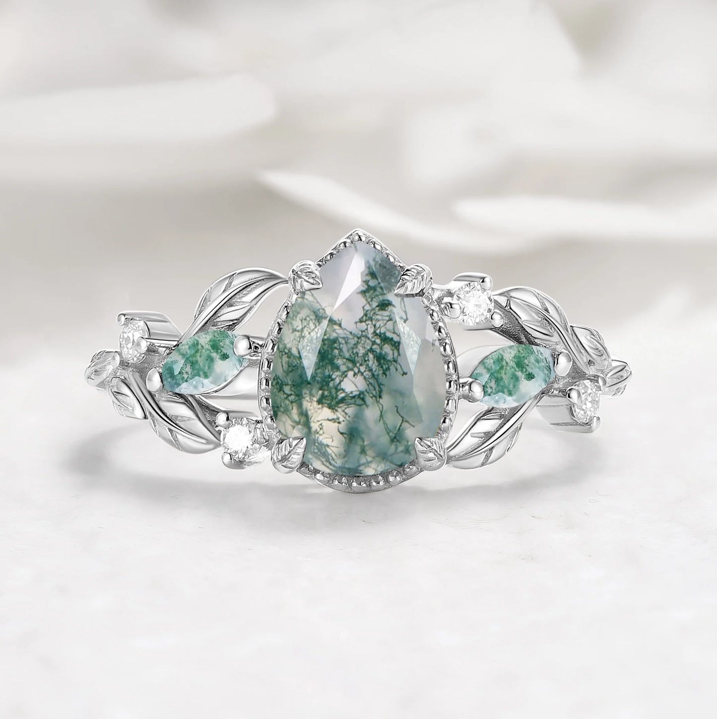Leaf-Inspired Pear Cut Moss Agate Engagement Ring in Vintage Bezel Setting