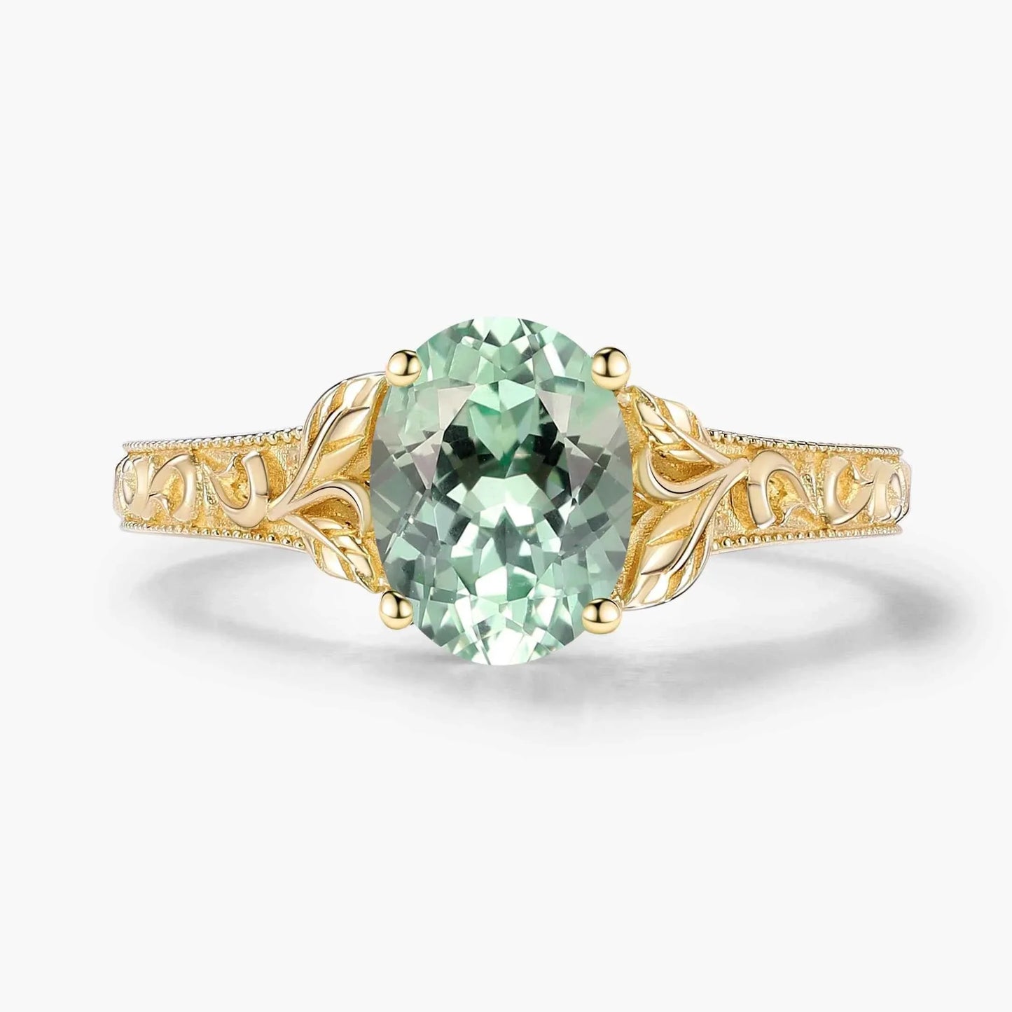 Custom Oval-Cut Green Sapphire Engagement Ring with Leaf-Embraced Band For Willoughby