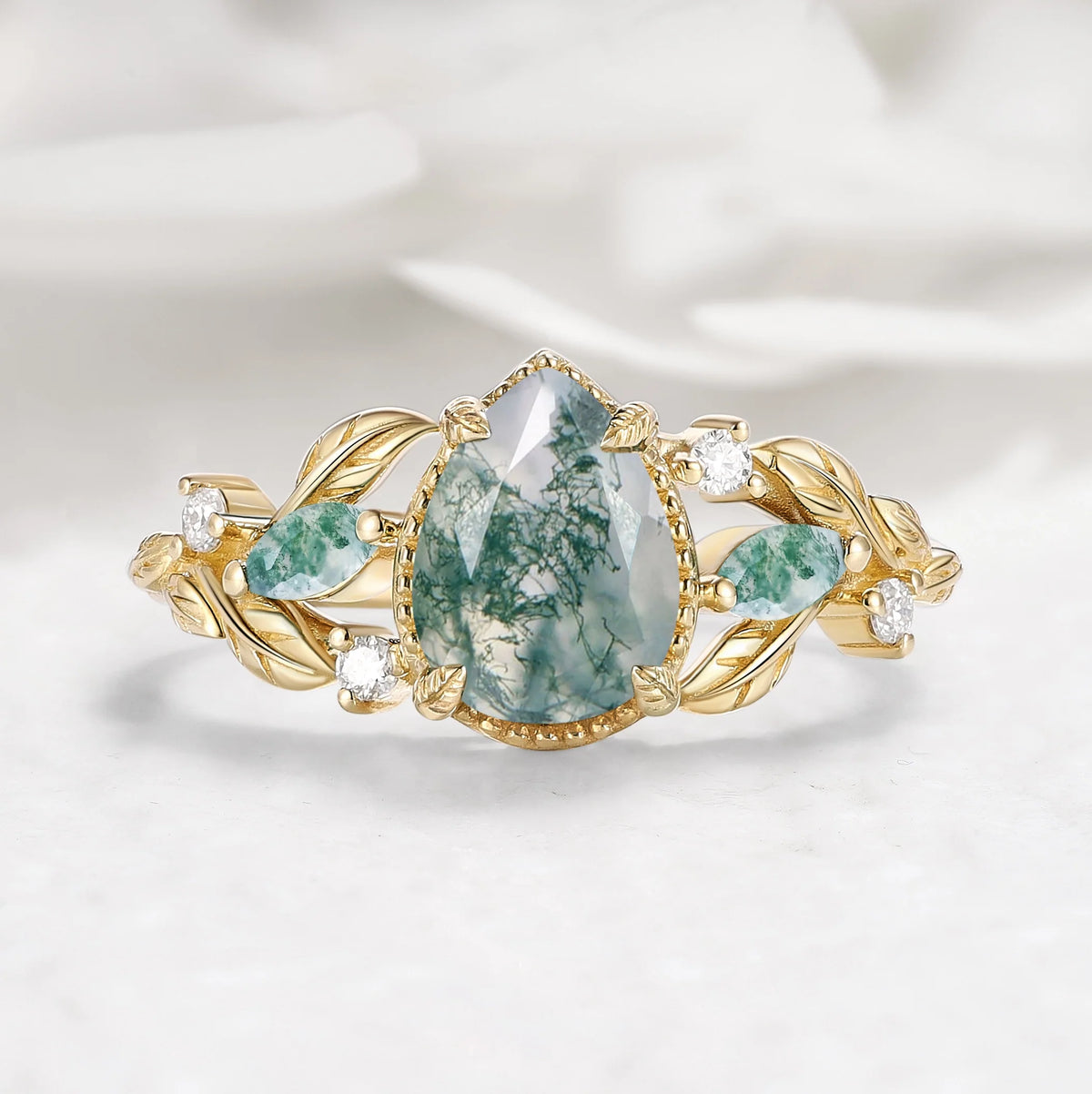 Leaf-Inspired Pear Cut Moss Agate Engagement Ring in Vintage Bezel Setting