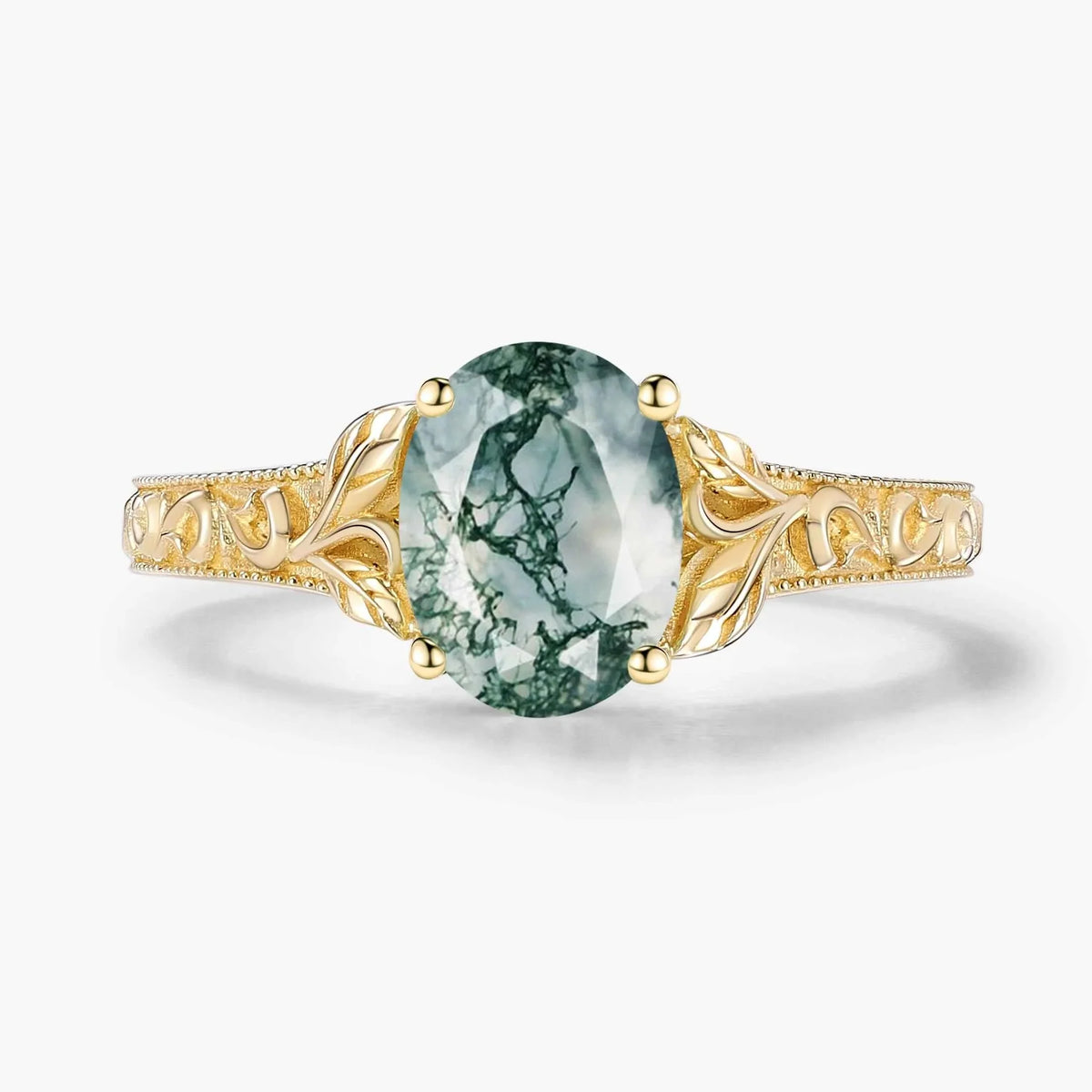 Oval-Cut Moss Agate Engagement Ring with Leaf-Embraced Band