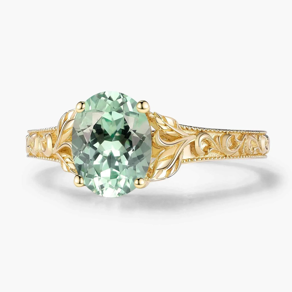 Custom Oval-Cut Green Sapphire Engagement Ring with Leaf-Embraced Band For Willoughby