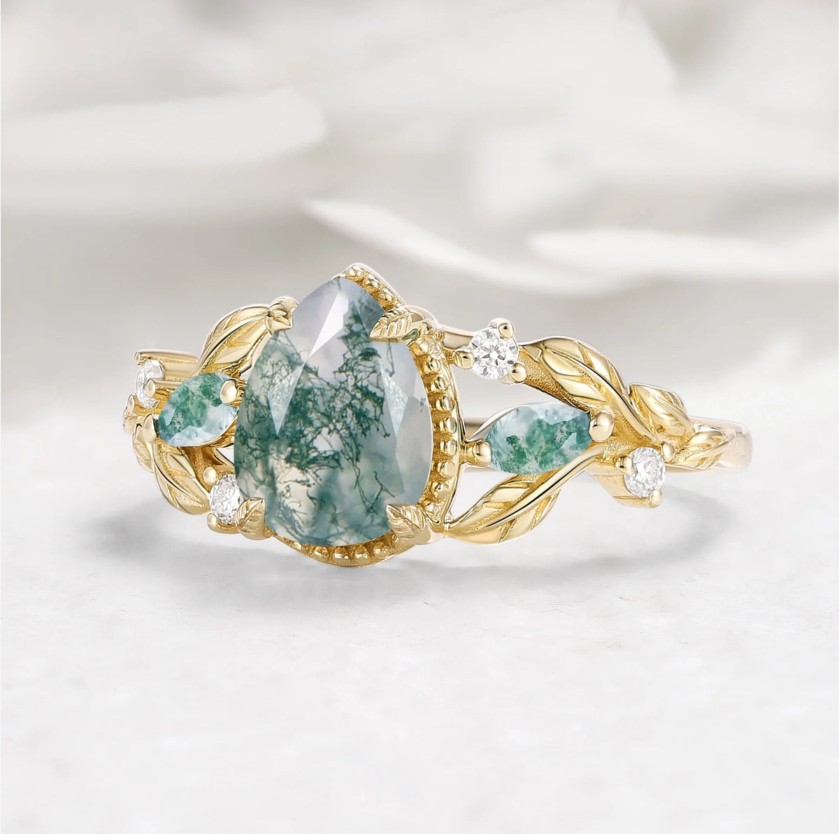 Leaf-Inspired Pear Cut Moss Agate Engagement Ring in Vintage Bezel Setting