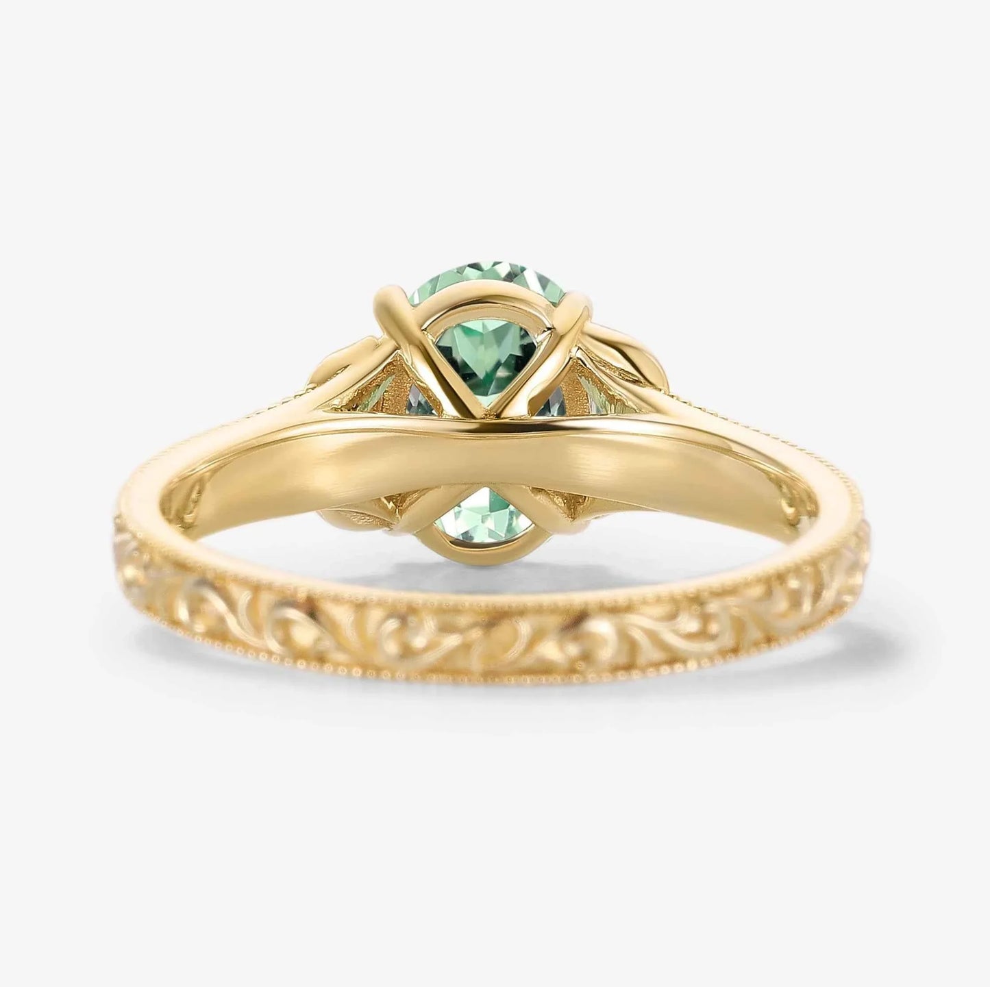 Custom Oval-Cut Green Sapphire Engagement Ring with Leaf-Embraced Band For Willoughby