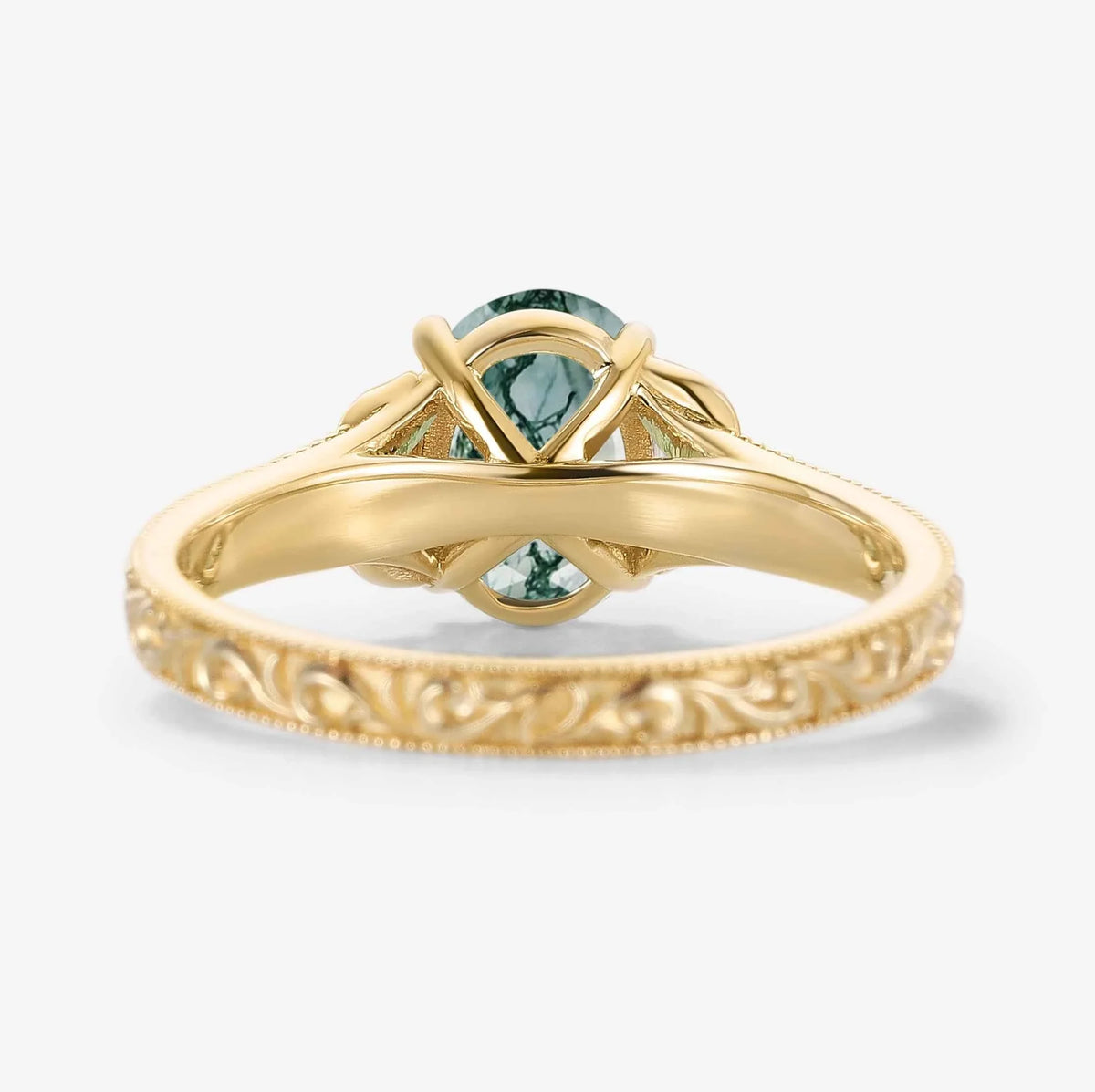 Oval-Cut Moss Agate Engagement Ring with Leaf-Embraced Band