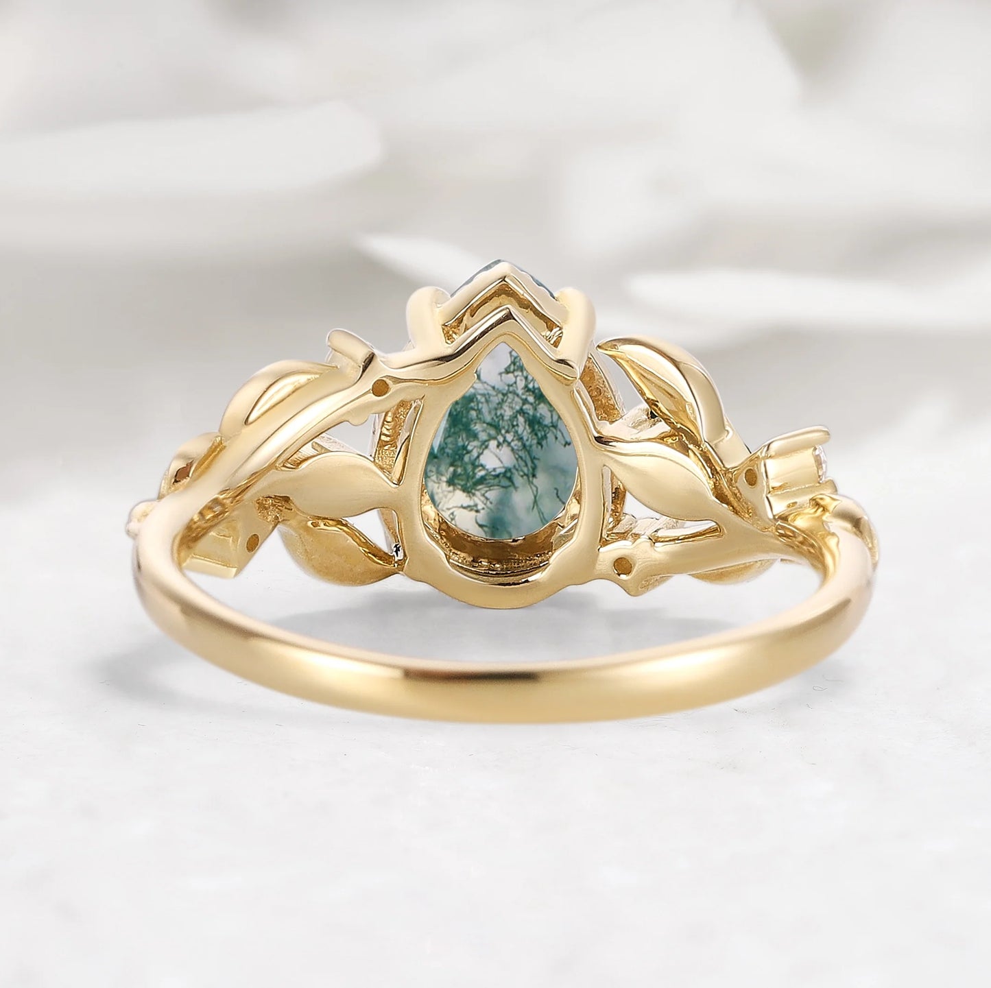 Leaf-Inspired Pear Cut Moss Agate Engagement Ring in Vintage Bezel Setting