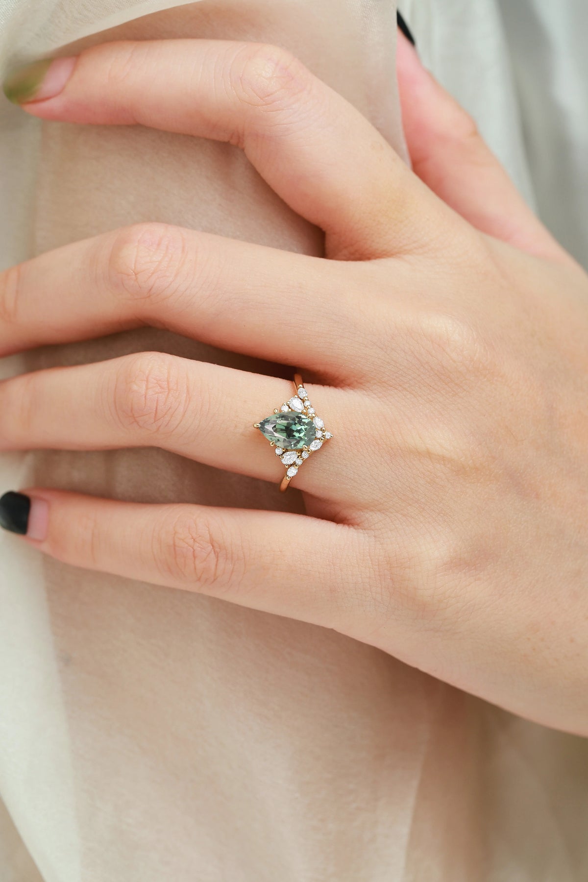 Pavé Half-Halo Pear Cut Green Sapphire Engagement Ring