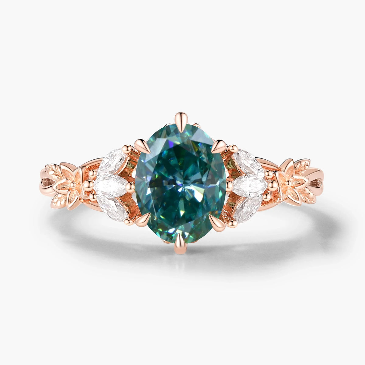 Oval Cut Green Moissanite Flower-Inspired Bud Design Engagement Ring