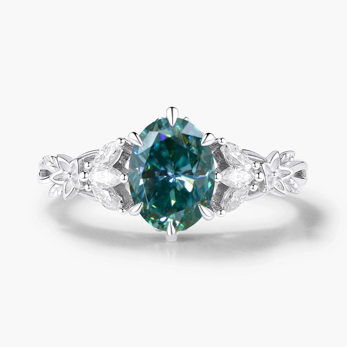 Oval Cut Green Moissanite Flower-Inspired Bud Design Engagement Ring