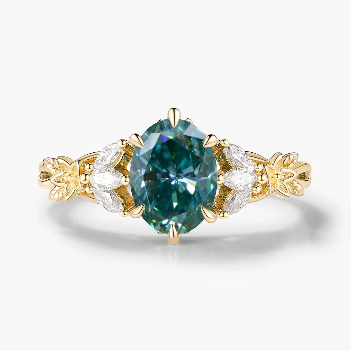 Oval Cut Green Moissanite Flower-Inspired Bud Design Engagement Ring