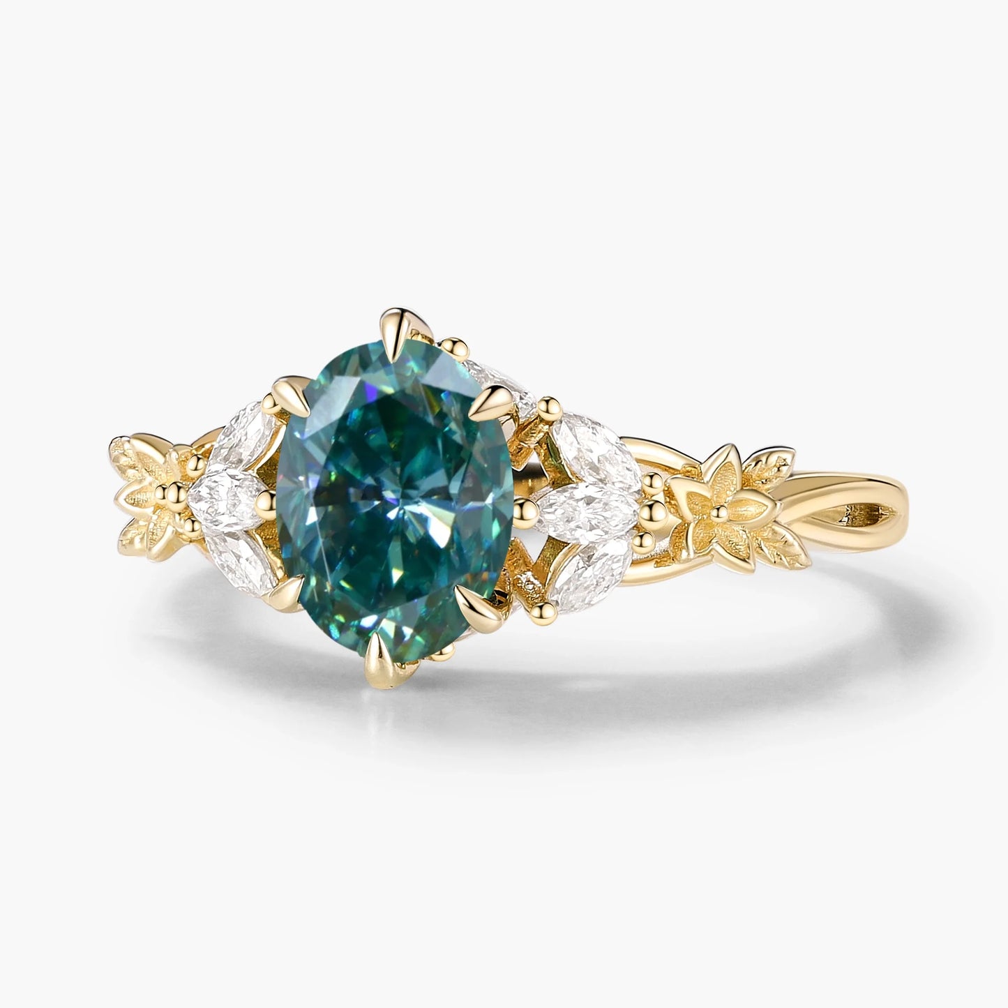 Oval Cut Green Moissanite Flower-Inspired Bud Design Engagement Ring