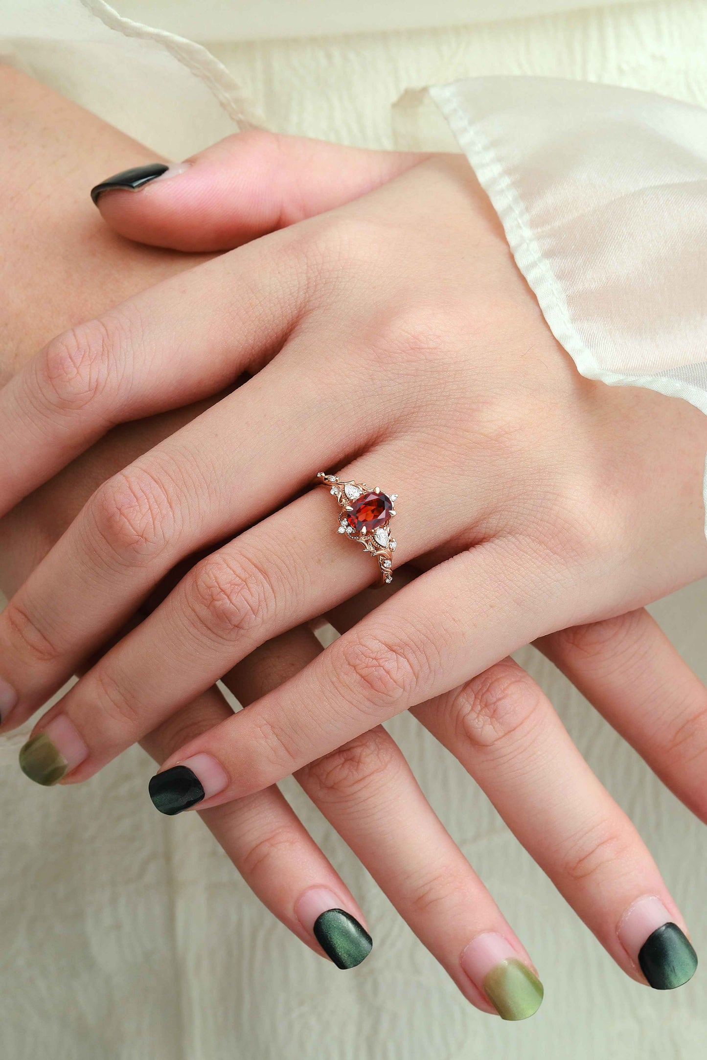 Pine Leaf Bezel-Set Oval Ruby Engagement Ring