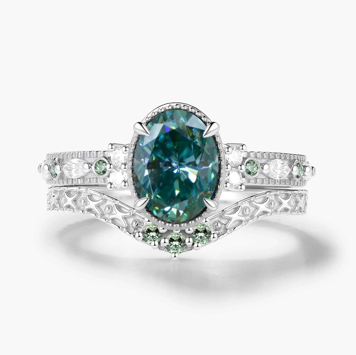 Classic Oval Cut Green Moissanite Bezel Engagement Ring Set