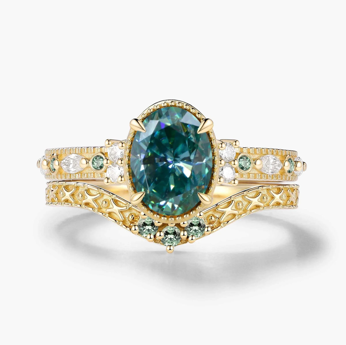 Classic Oval Cut Green Moissanite Bezel Engagement Ring Set