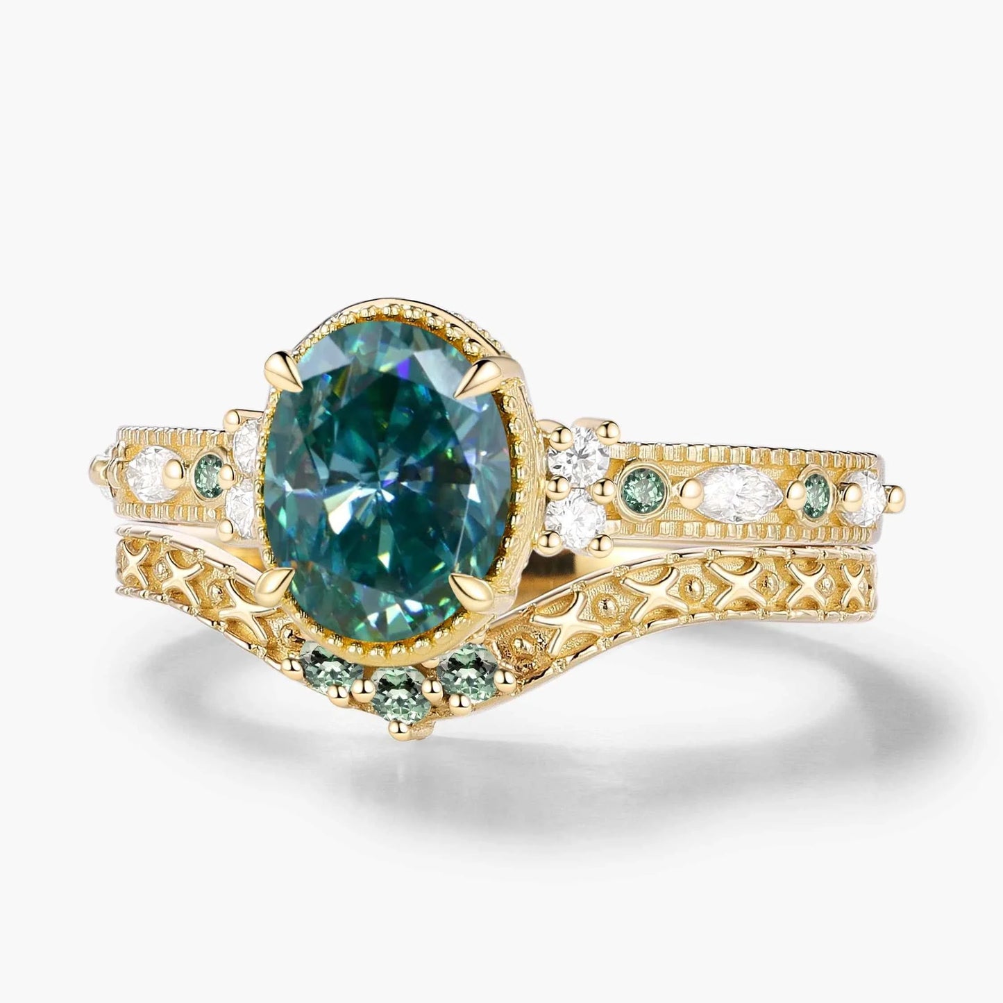 Classic Oval Cut Green Moissanite Bezel Engagement Ring Set