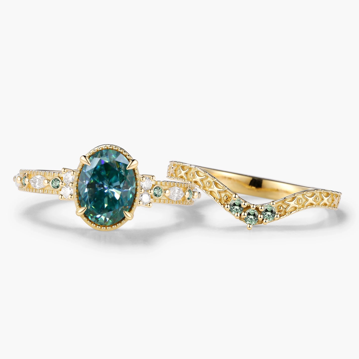 Classic Oval Cut Green Moissanite Bezel Engagement Ring Set