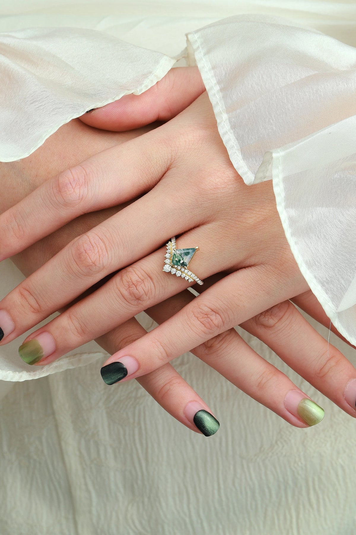 Kite-Shaped Moss Agate Pavé V-Double Band Engagement Ring