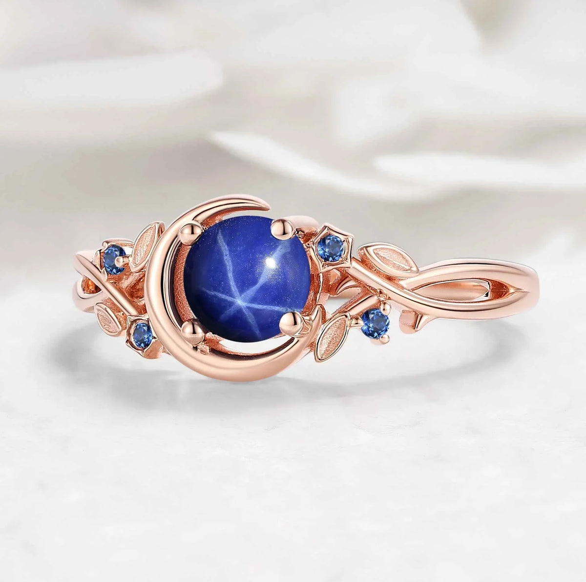 Nature Inspired Star & Moon Round Cut Star Sapphire Engagement Ring - Astra