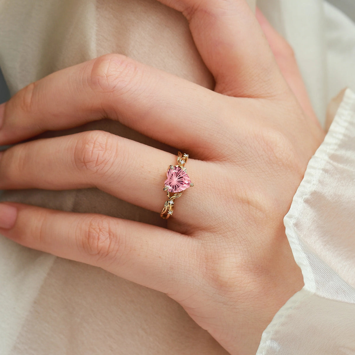 Nature Inspired Leaf Heart Padparadscha Engagement Ring