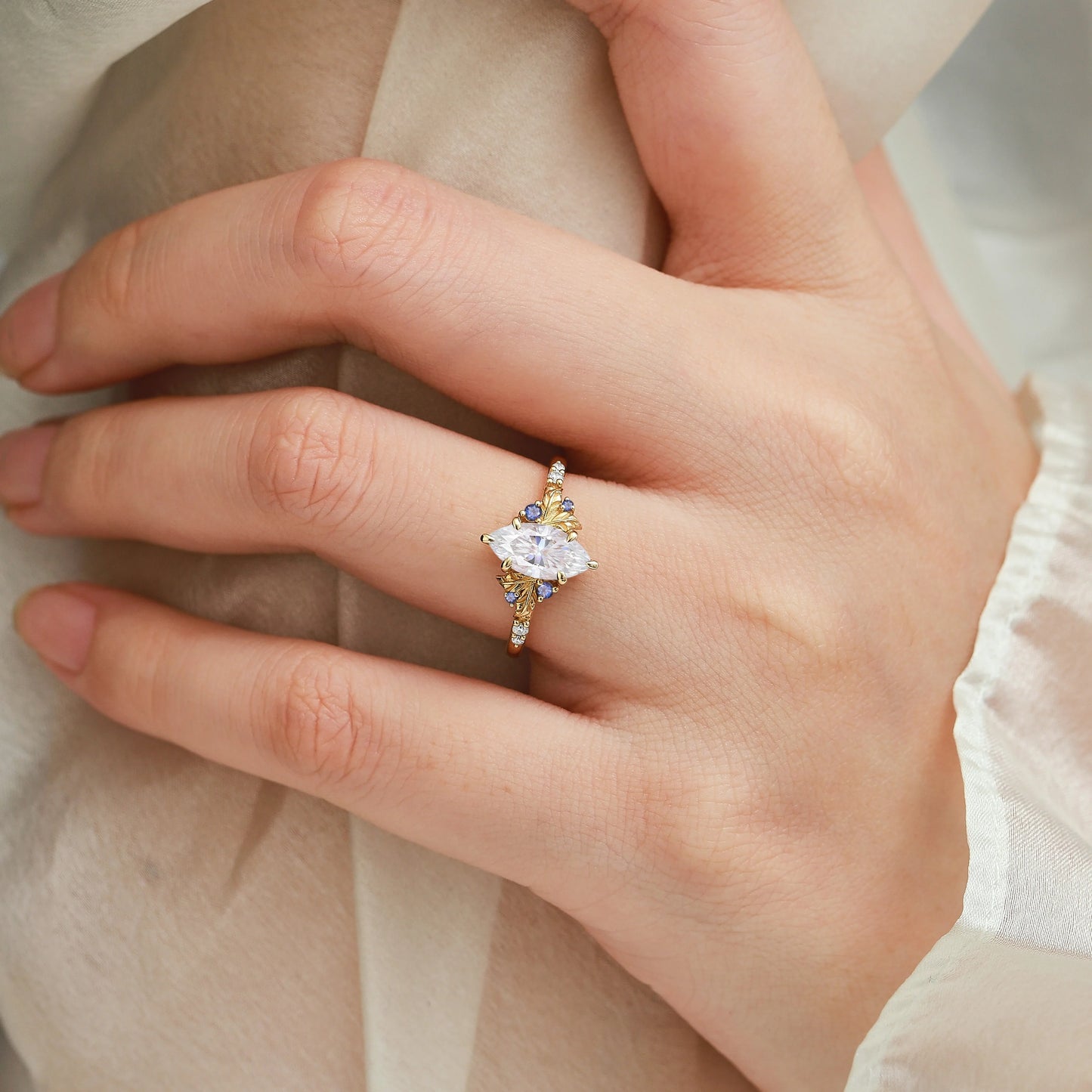 Leaf Design Marquise Moissanite Engagement Ring