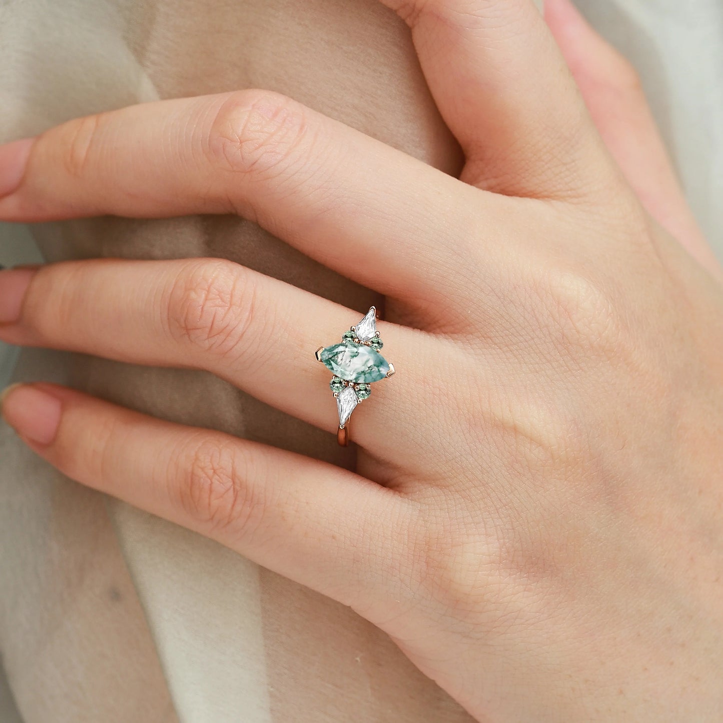 Marquise Cut Moss Agate Engagement Ring with Sapphire Moissanite Accents