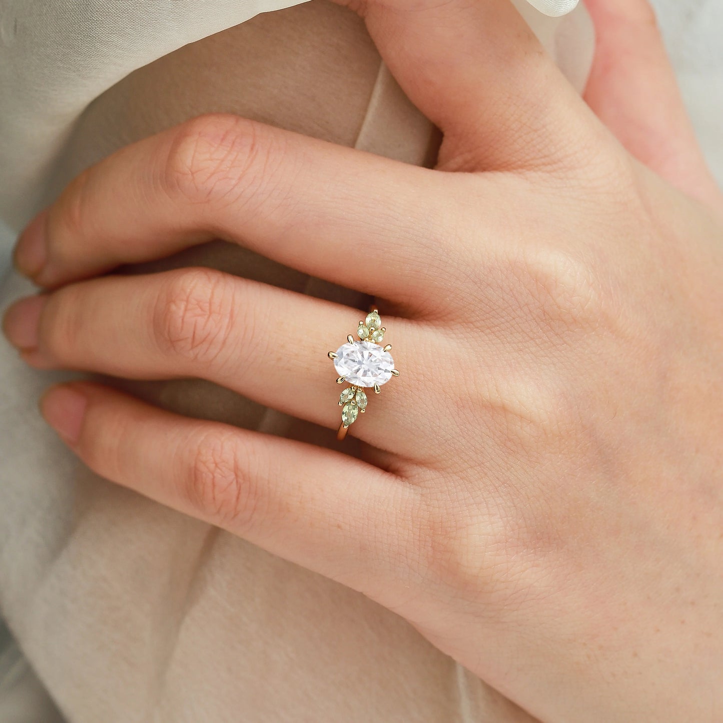 Oval Cut Moissanite Engagement Ring with Marquise Peridot Stone Accents
