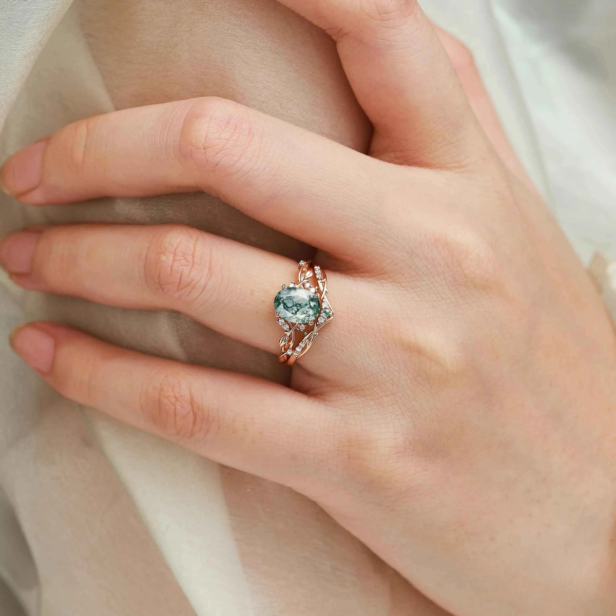 Nature-Inspired Leaf Oval Cut Moss Agate Engagement Ring 2pcs