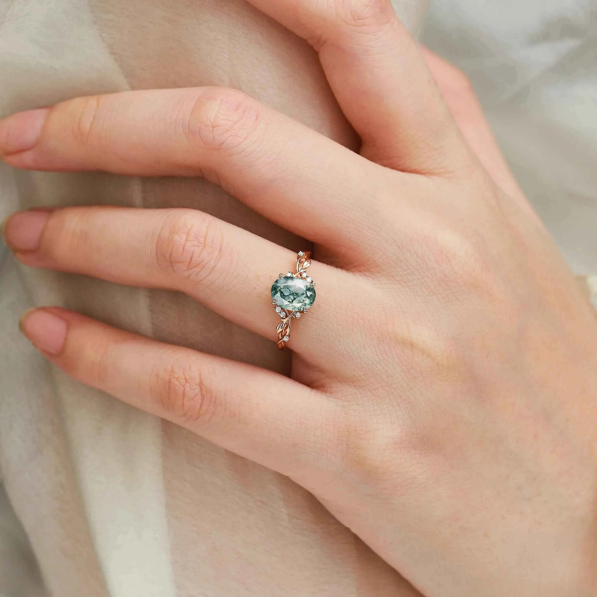 Nature-Inspired Leaf Oval Cut Moss Agate Engagement Ring