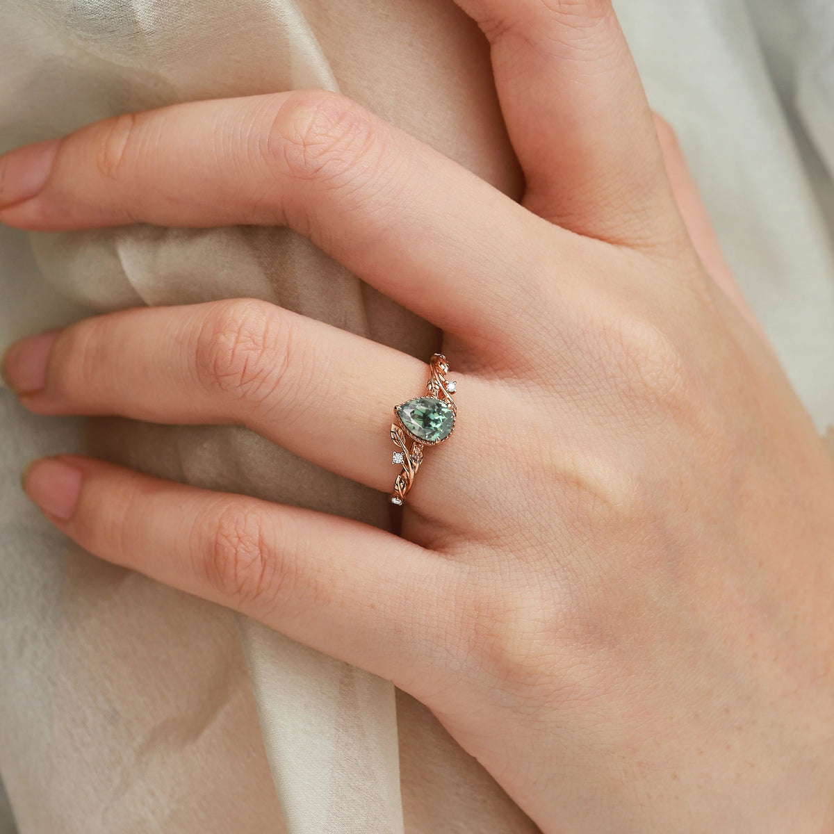 Nature-Inspired Pear Cut Green Sapphire Engagement Ring