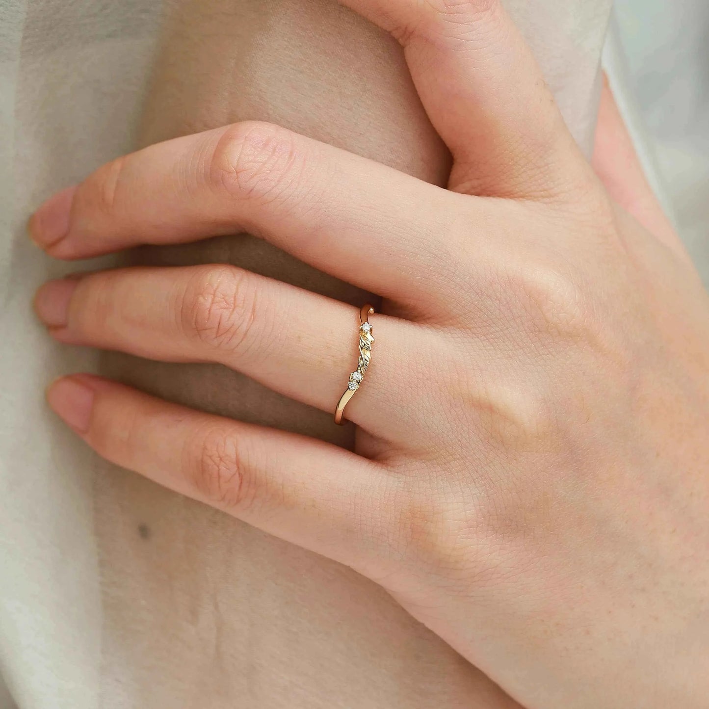 Nature-Inspired Leaf Moissanite Chevron Wedding Band