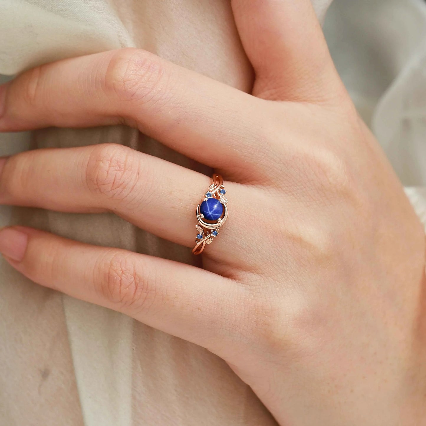 Nature Inspired Star & Moon Round Cut Star Sapphire Engagement Ring - Astra