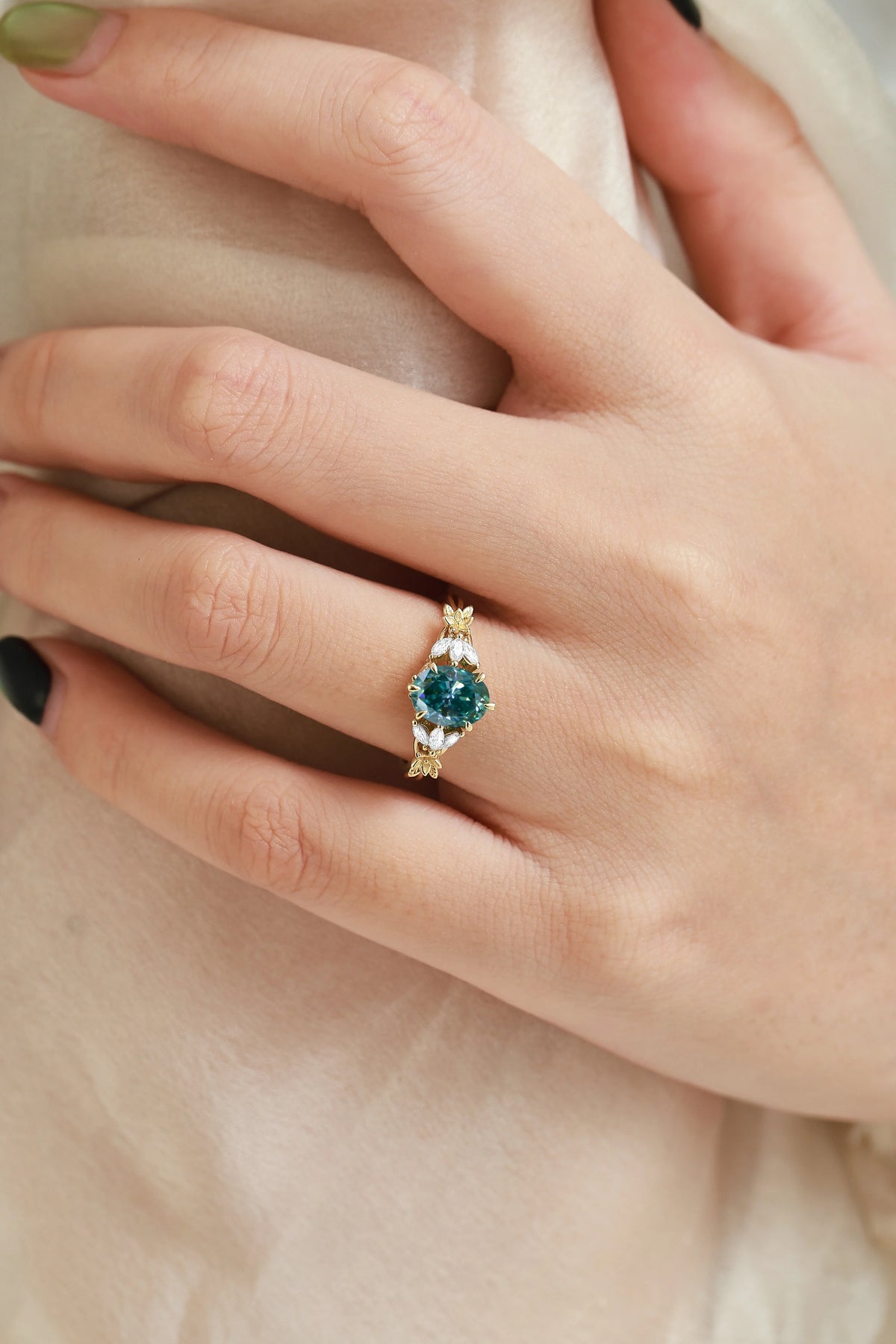 Oval Cut Green Moissanite Flower-Inspired Bud Design Engagement Ring