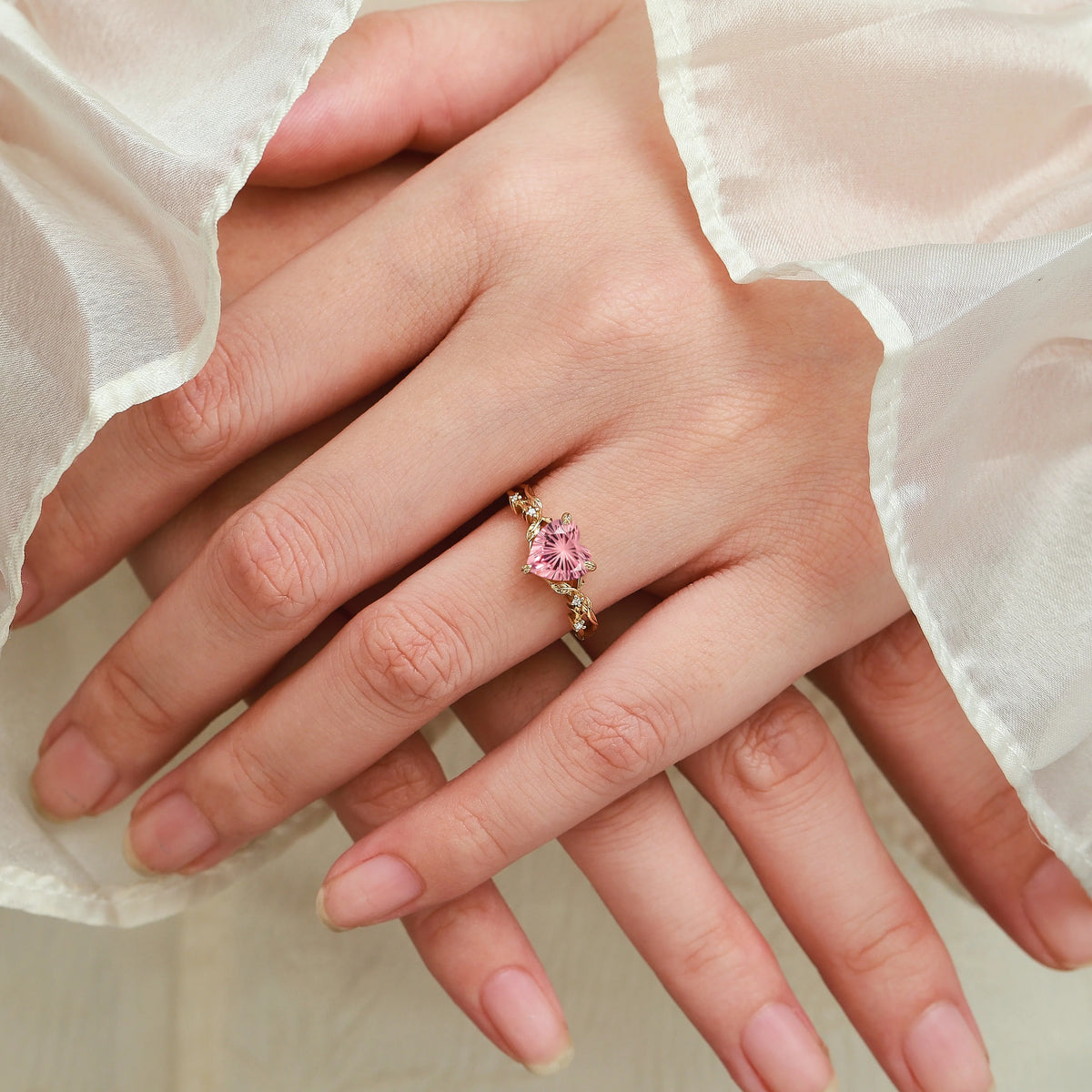 Nature Inspired Leaf Heart Padparadscha Engagement Ring