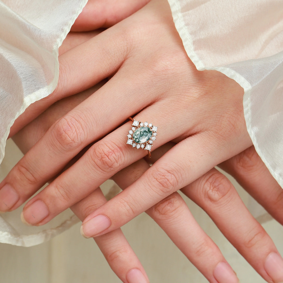 Halo Oval Cut Moss Agate Engagement Ring