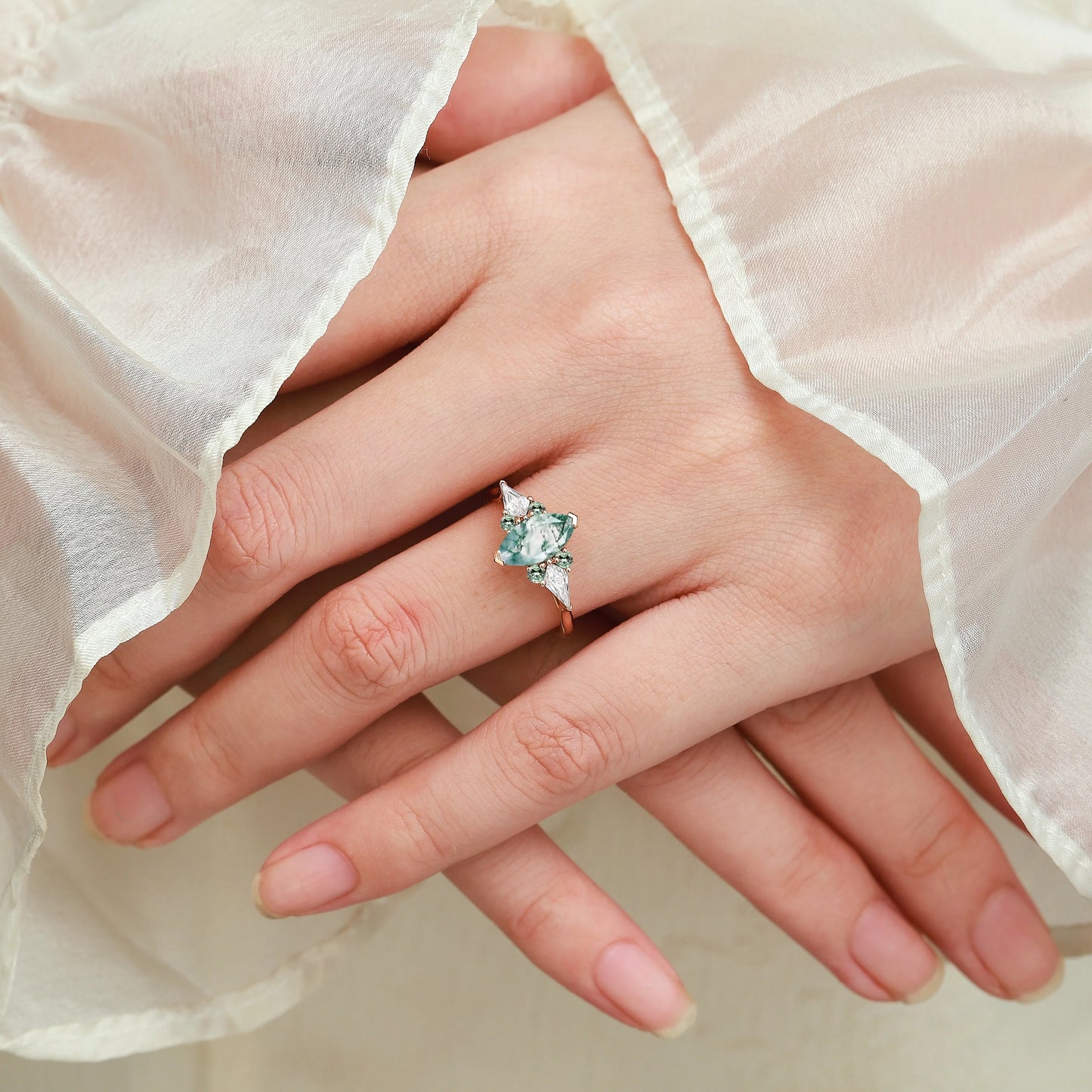 Marquise Cut Moss Agate Engagement Ring with Sapphire Moissanite Accents