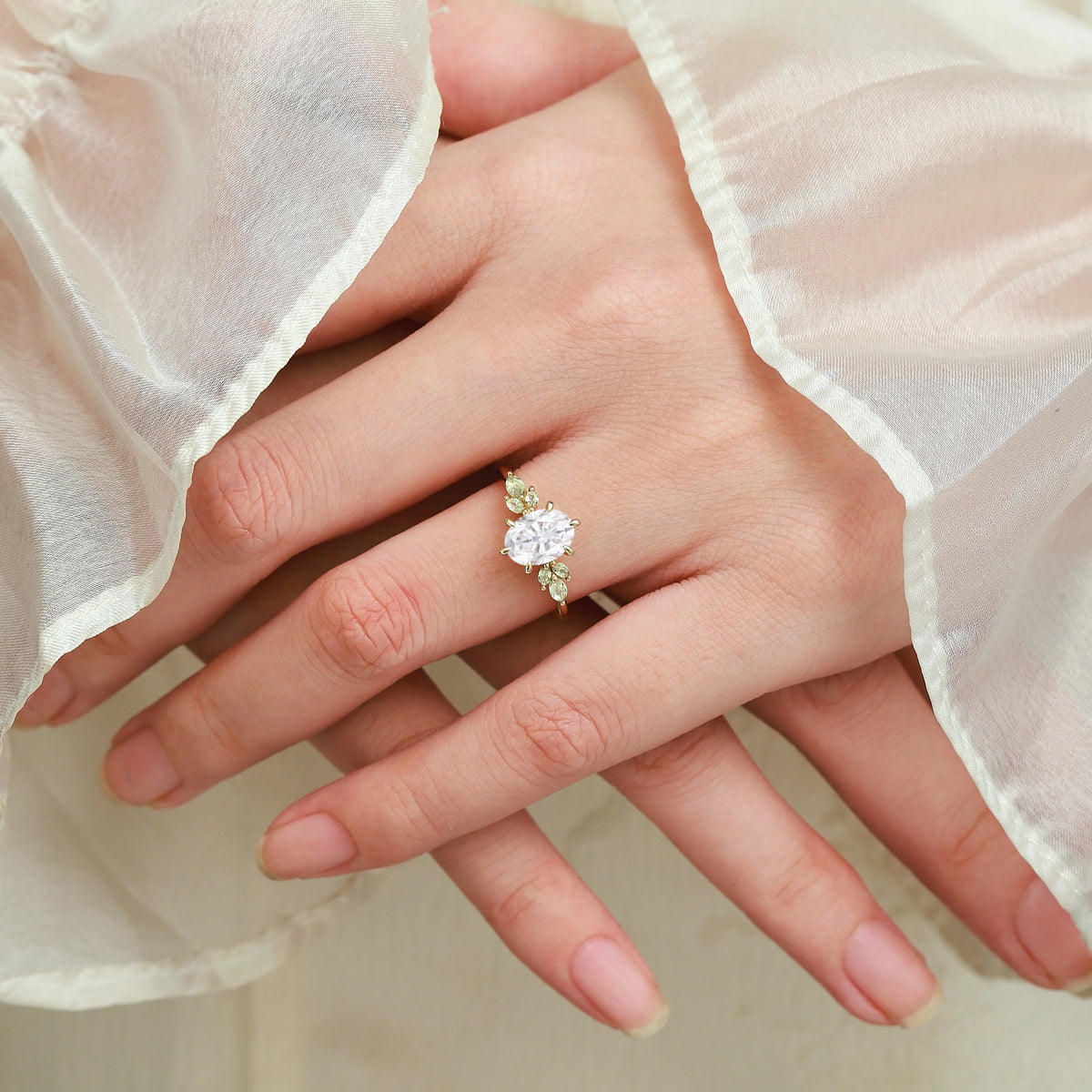 Oval Cut Moissanite Engagement Ring with Marquise Peridot Stone Accents