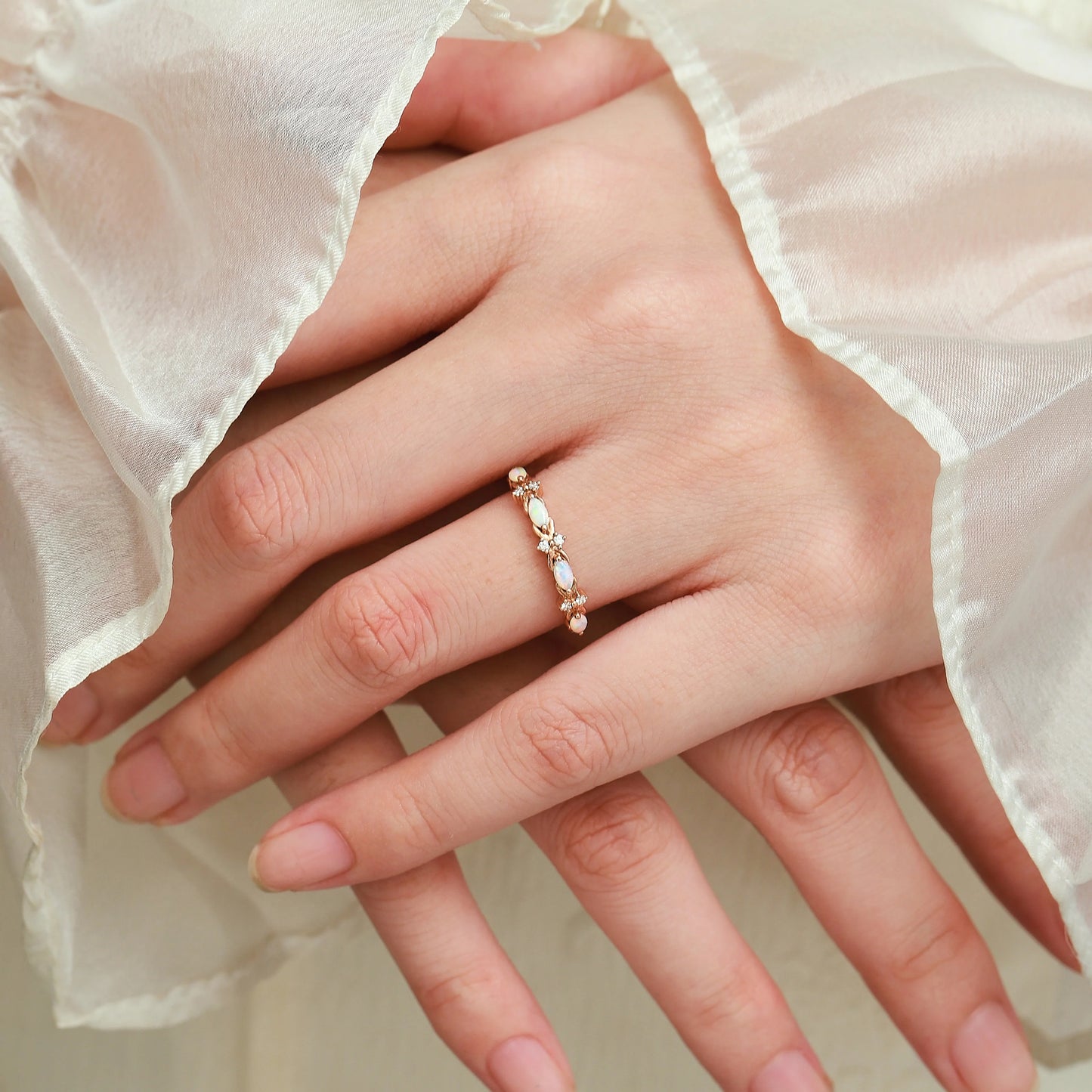 Half Eternity Opal and Moissanite Wedding Band